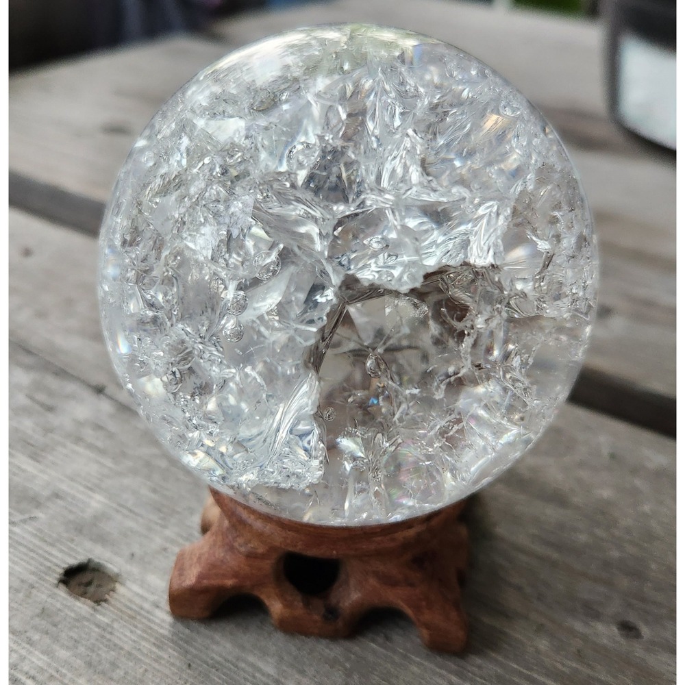 Fire And Ice Crackle Quartz Crystal Ball, Tallsman, Carved Wooden Stand